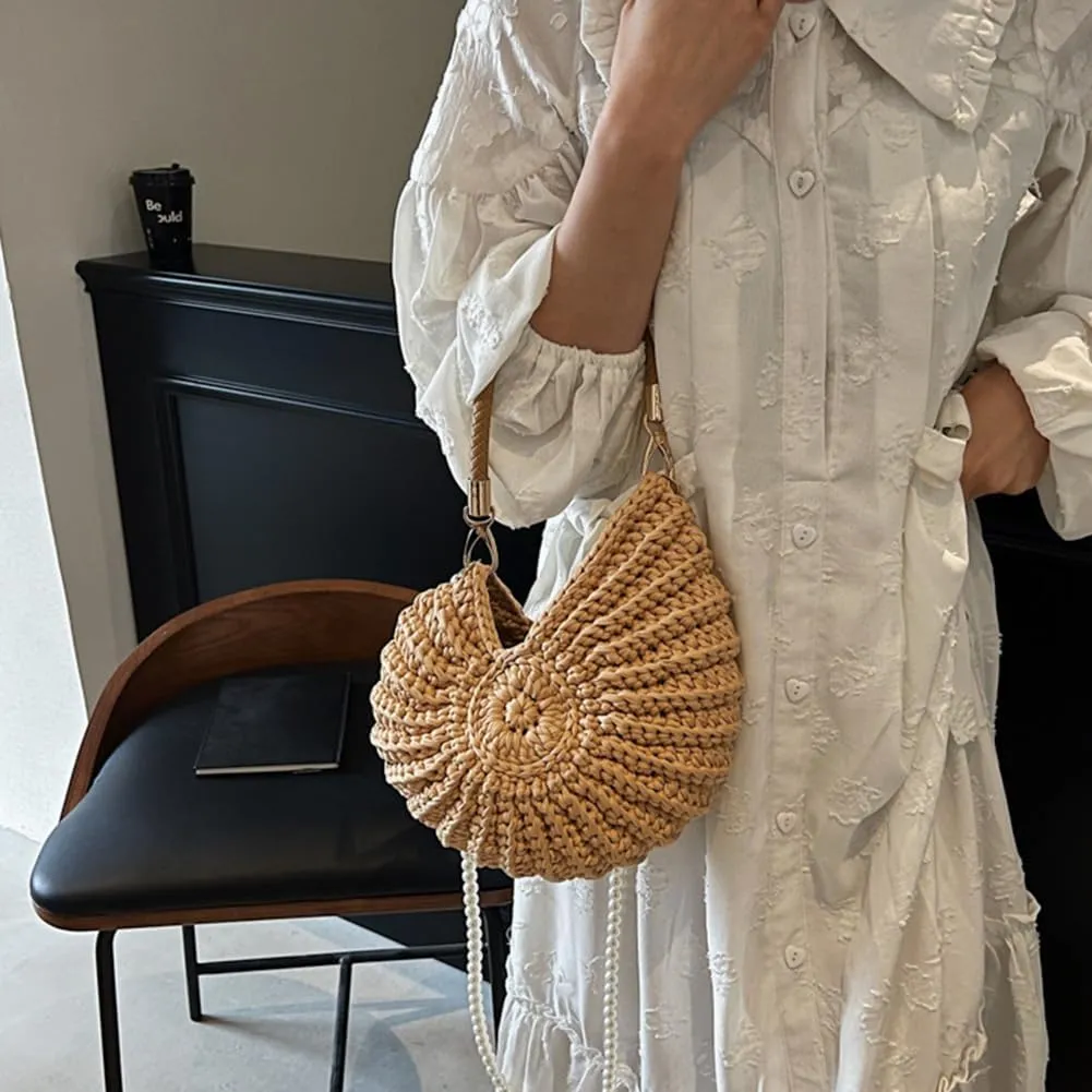 Handwoven Seashell Bag for Women - Beach Shoulder Bag with Pearl Chain, Seashell Purse for Vacation, Travel & Summer