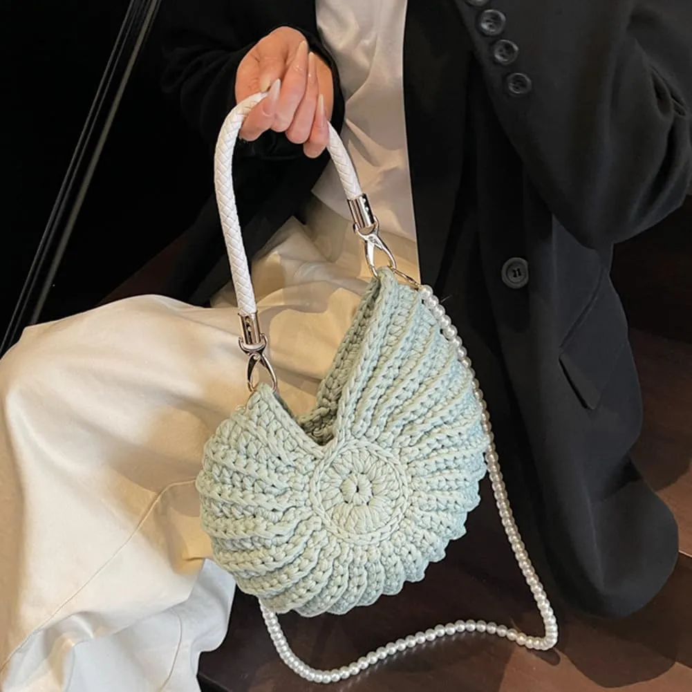 Handwoven Seashell Bag for Women - Beach Shoulder Bag with Pearl Chain, Seashell Purse for Vacation, Travel & Summer