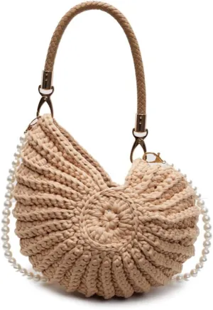 Handwoven Seashell Bag for Women - Beach Shoulder Bag with Pearl Chain, Seashell Purse for Vacation, Travel & Summer