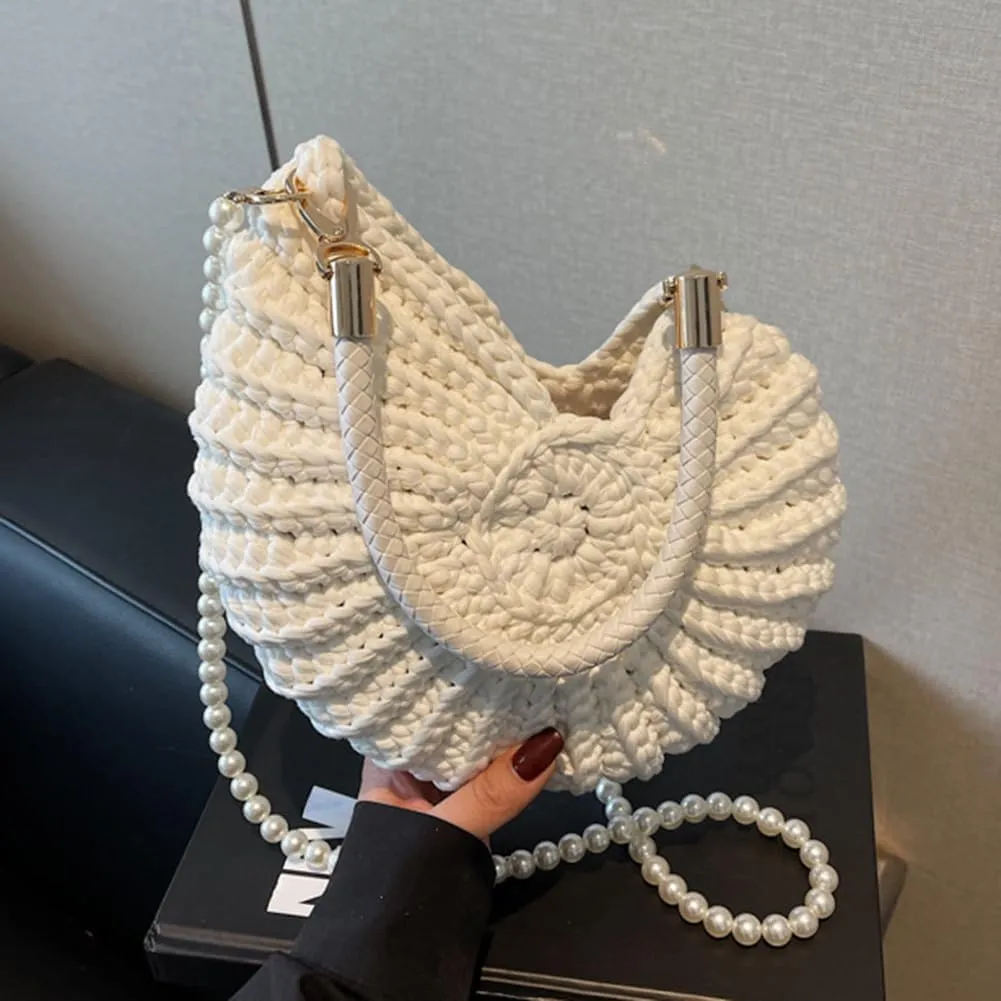 Handwoven Seashell Bag for Women - Beach Shoulder Bag with Pearl Chain, Seashell Purse for Vacation, Travel & Summer