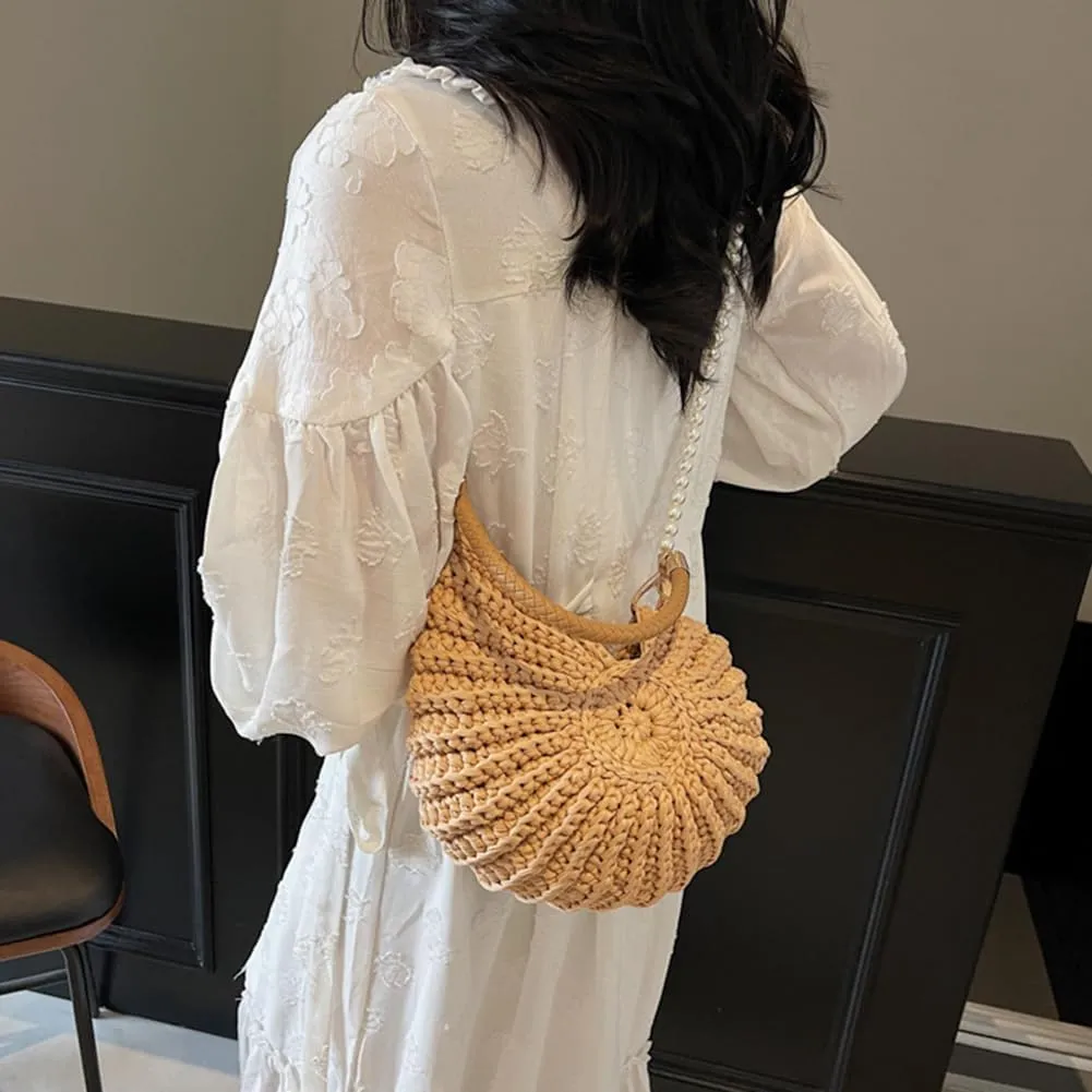 Handwoven Seashell Bag for Women - Beach Shoulder Bag with Pearl Chain, Seashell Purse for Vacation, Travel & Summer