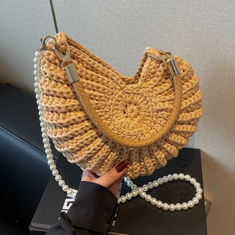 Handwoven Seashell Bag for Women - Beach Shoulder Bag with Pearl Chain, Seashell Purse for Vacation, Travel & Summer