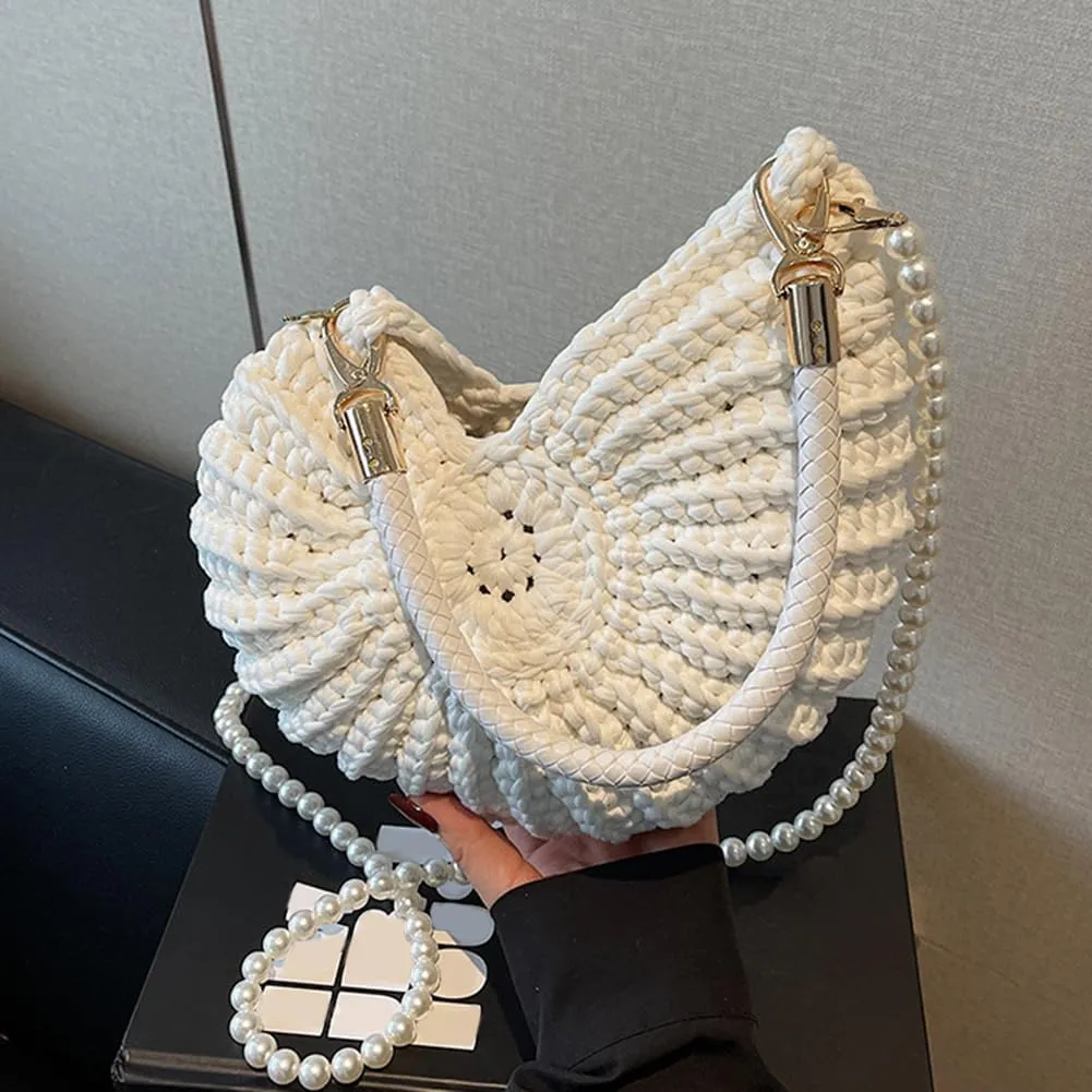 Handwoven Seashell Bag for Women - Beach Shoulder Bag with Pearl Chain, Seashell Purse for Vacation, Travel & Summer