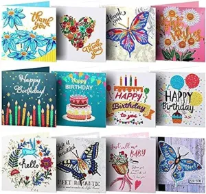 Happy Brithday Cards, 12pcs 5D DIY Diamond Painting Greeting Card Special Shaped Xmas Postcard, Diamond Embroidery Crystal Rhinestone Painting Arts Craft