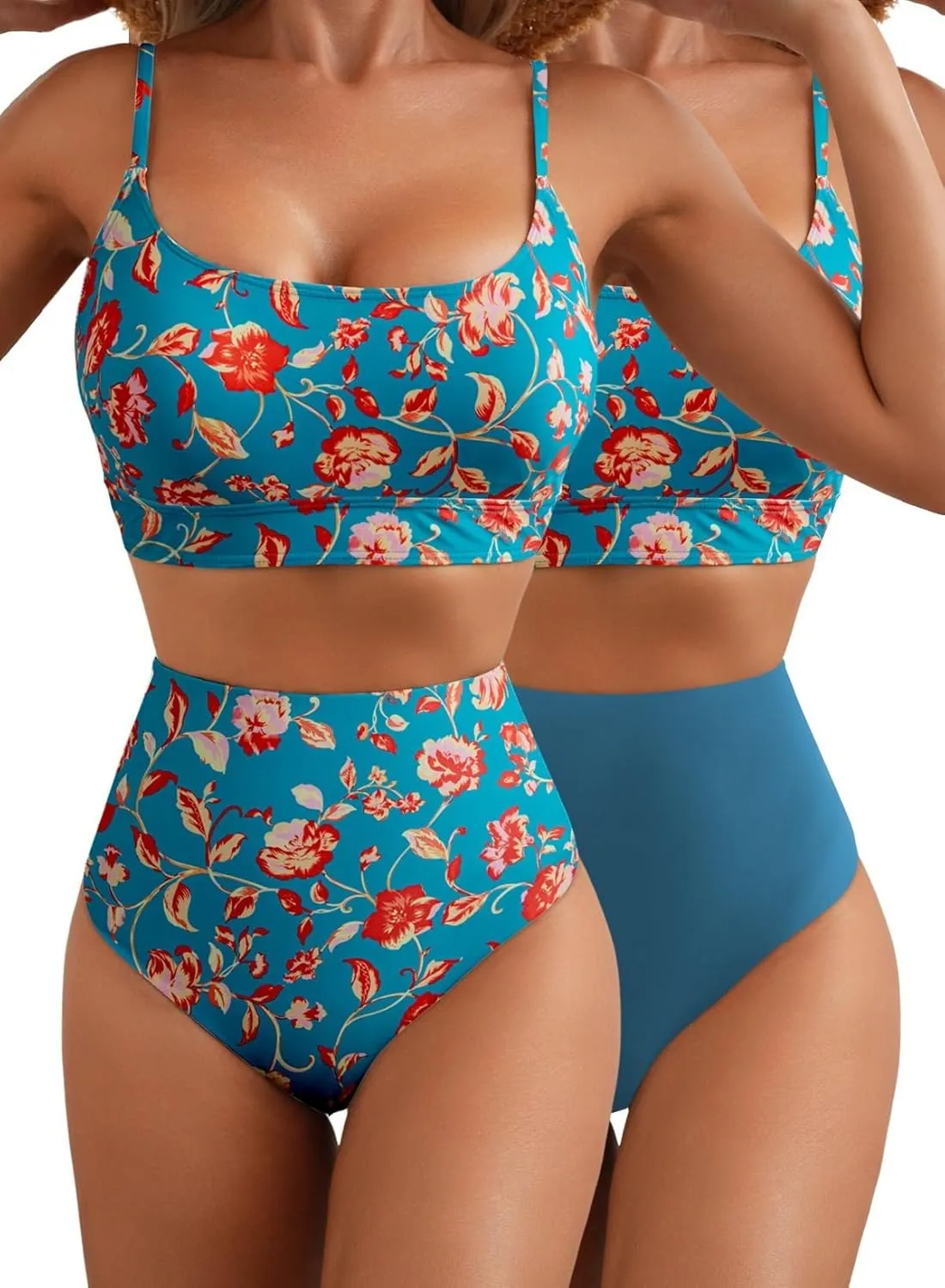 Herseas 2 Piece High Waisted Bikini Set for Women 2025 Spaghetti Straps Swim Top with Reversible Bottom Bathing Suit