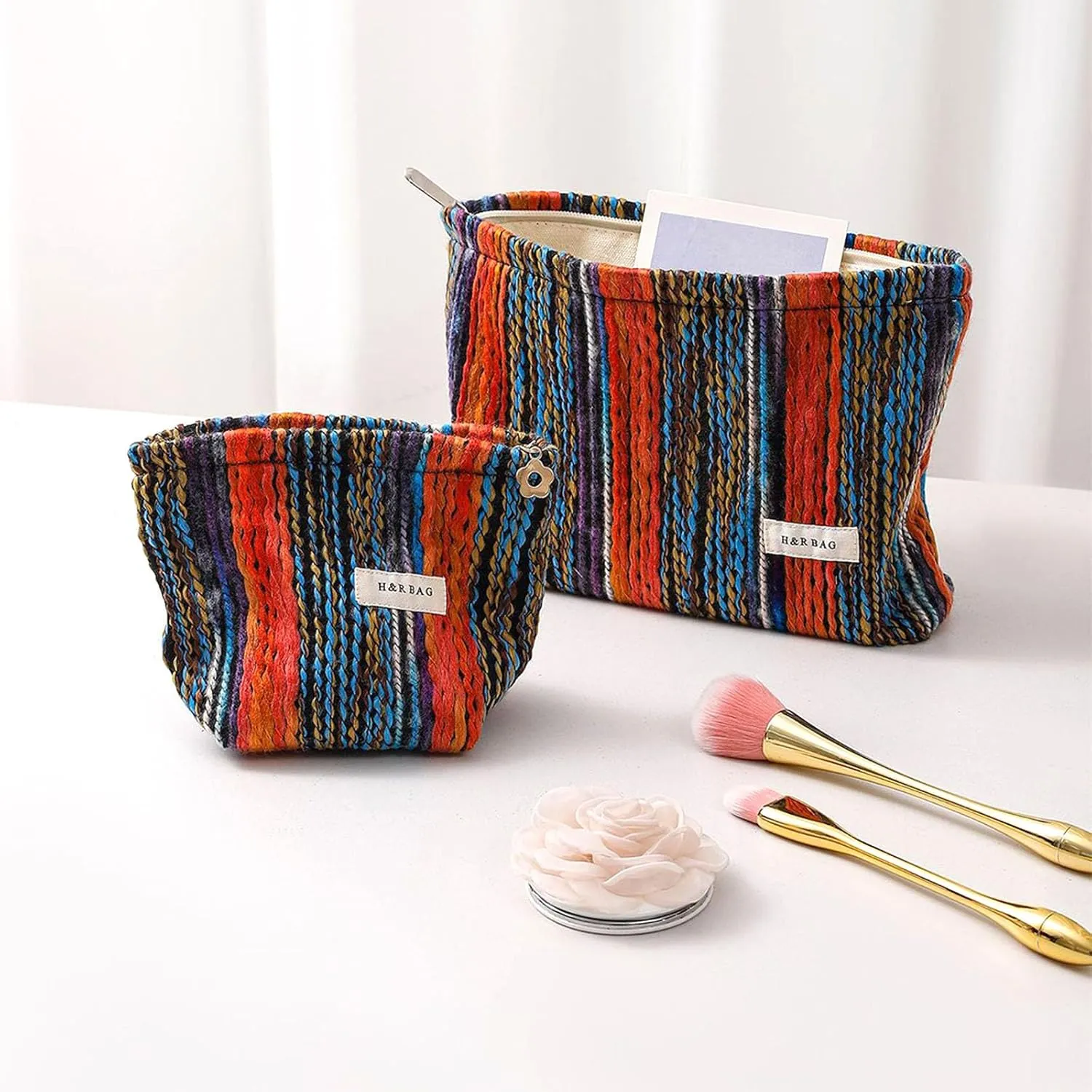 HEY M&Q Bohemian Vintage Kniting Cosmetic Bags for Women Large Capacity Zipper Canvas Pencil Pouch Travel Toiletry Makeup Bag