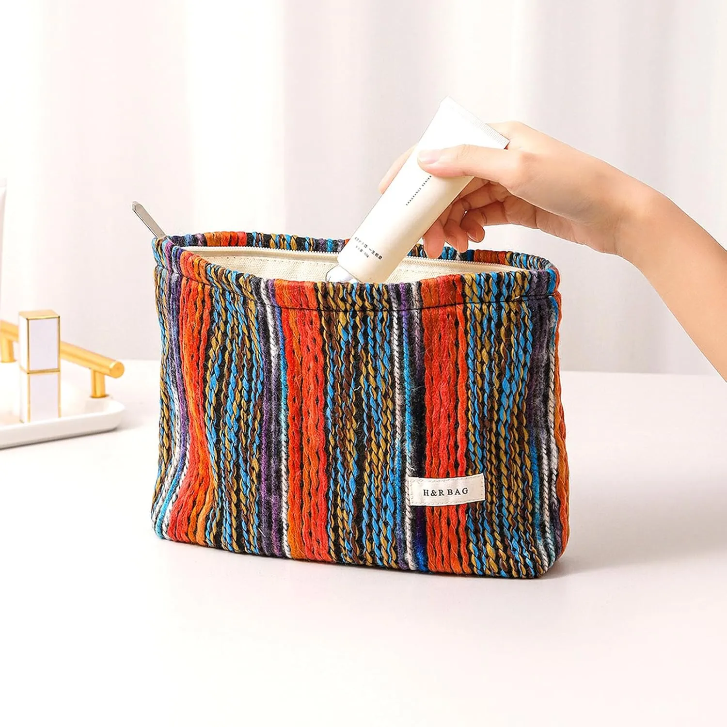 HEY M&Q Bohemian Vintage Kniting Cosmetic Bags for Women Large Capacity Zipper Canvas Pencil Pouch Travel Toiletry Makeup Bag