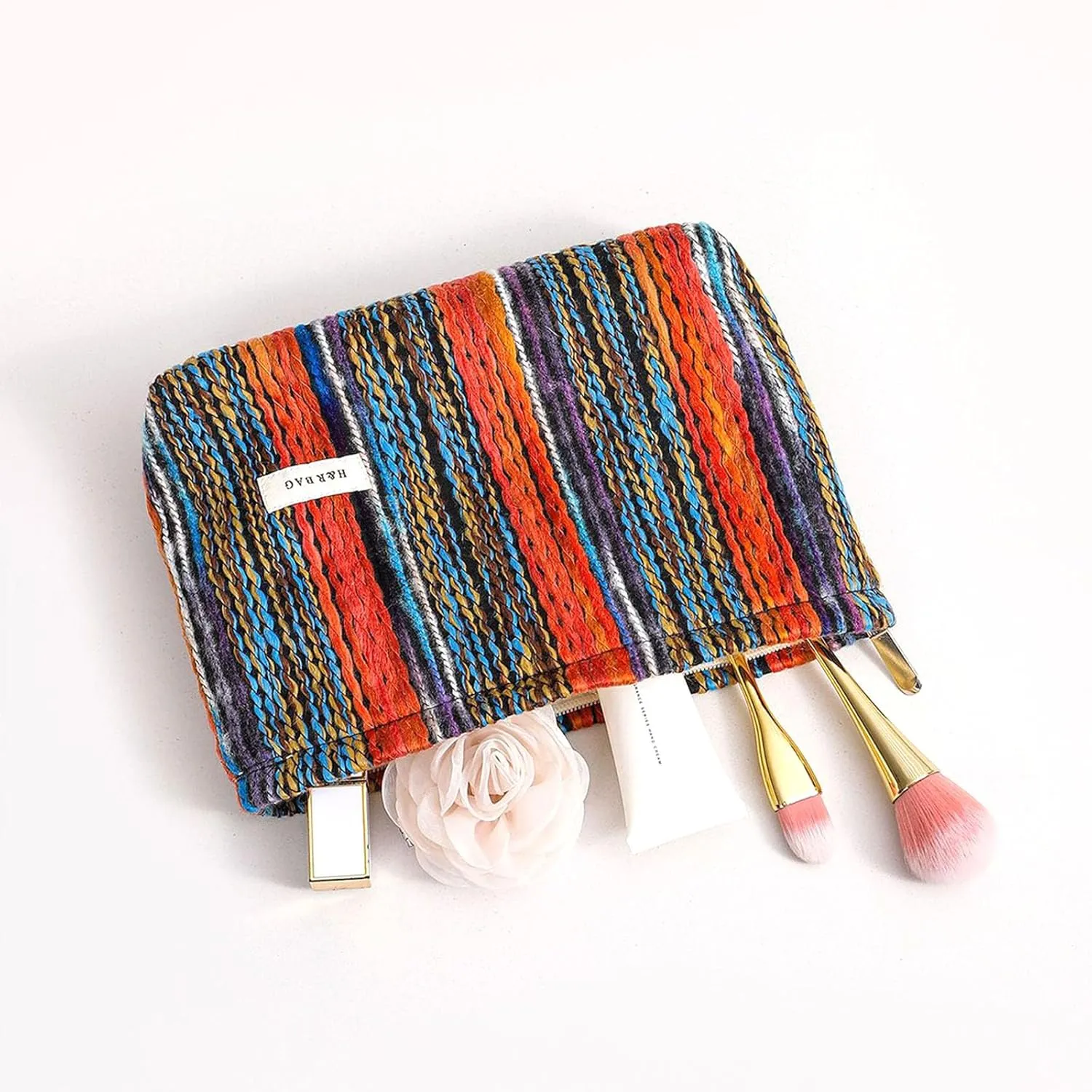 HEY M&Q Bohemian Vintage Kniting Cosmetic Bags for Women Large Capacity Zipper Canvas Pencil Pouch Travel Toiletry Makeup Bag