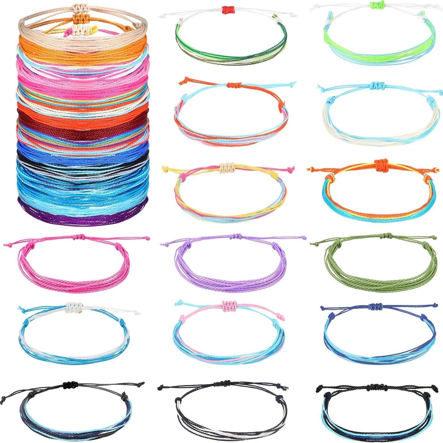 Hicarer 30 Pieces Adjustable Woven Anklets Bracelets Bohemian Braided Rope Bracelets Waterproof Wax Coated Anklets for Women