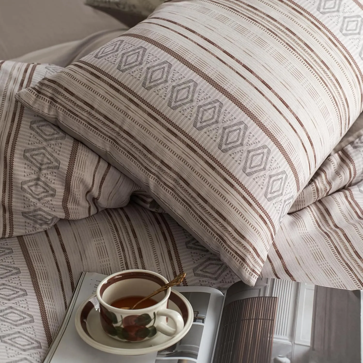 HighBuy Khaki Striped Duvet Cover Full Size Soft Muslin Cotton Gingham Comforter Cover Full Geometric Bohemian Bedding Set Hotel Quality for Men Boy,Full Size Duvet Cover with 2 Pillowcases