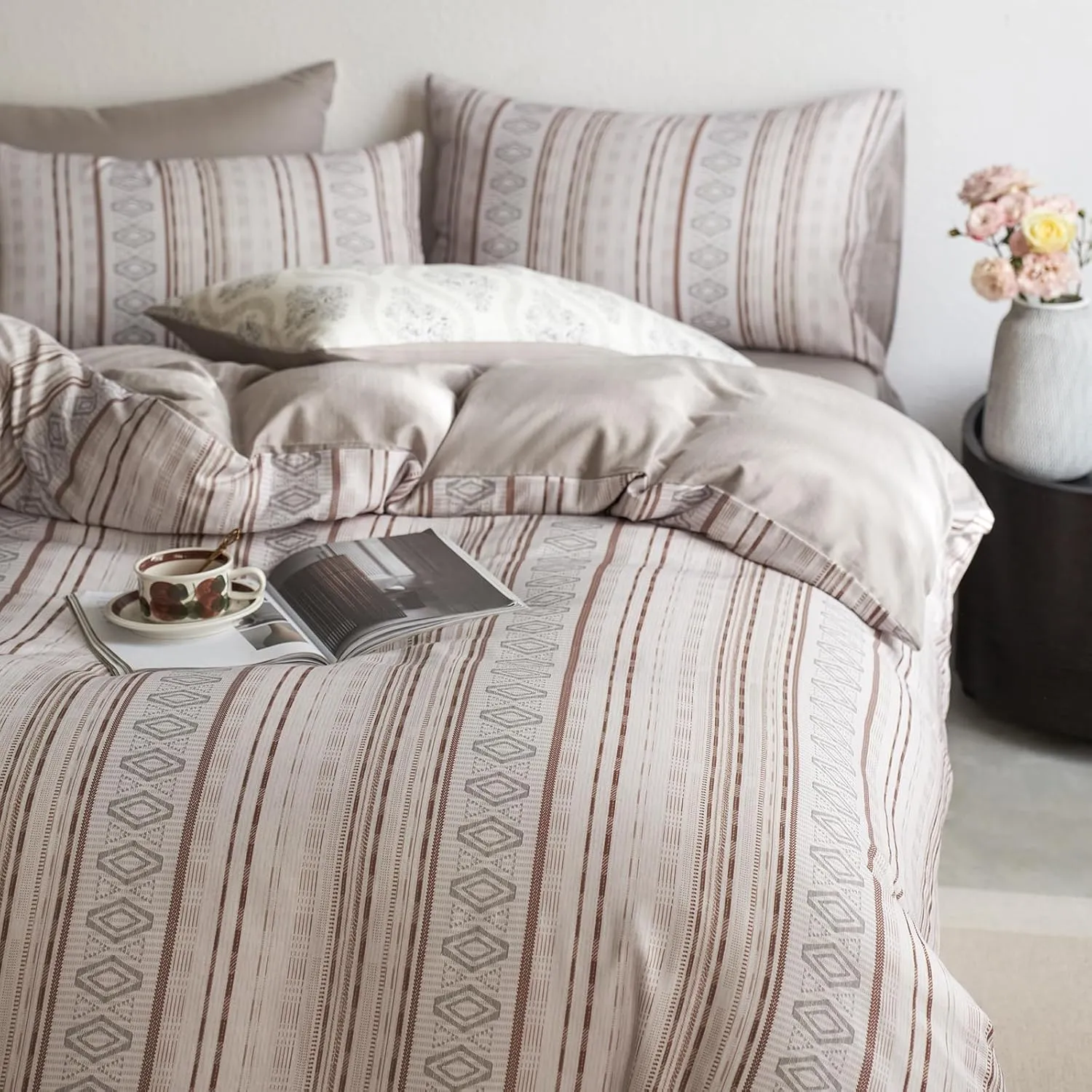 HighBuy Khaki Striped Duvet Cover Full Size Soft Muslin Cotton Gingham Comforter Cover Full Geometric Bohemian Bedding Set Hotel Quality for Men Boy,Full Size Duvet Cover with 2 Pillowcases