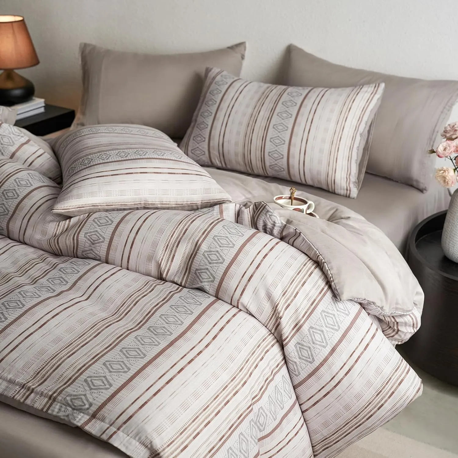 HighBuy Khaki Striped Duvet Cover Full Size Soft Muslin Cotton Gingham Comforter Cover Full Geometric Bohemian Bedding Set Hotel Quality for Men Boy,Full Size Duvet Cover with 2 Pillowcases