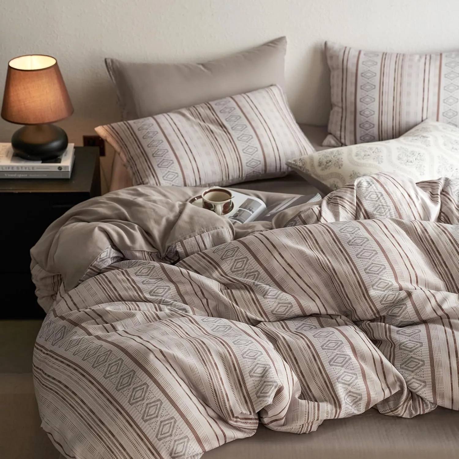 HighBuy Khaki Striped Duvet Cover Full Size Soft Muslin Cotton Gingham Comforter Cover Full Geometric Bohemian Bedding Set Hotel Quality for Men Boy,Full Size Duvet Cover with 2 Pillowcases