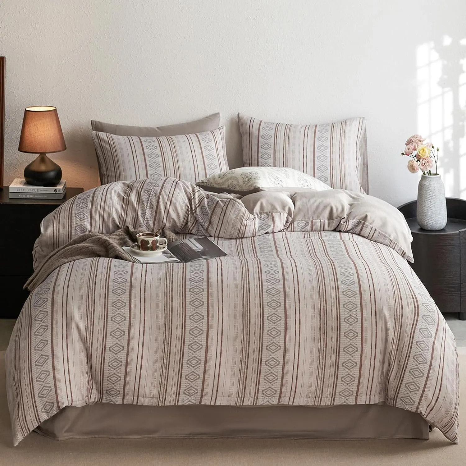 HighBuy Khaki Striped Duvet Cover Full Size Soft Muslin Cotton Gingham Comforter Cover Full Geometric Bohemian Bedding Set Hotel Quality for Men Boy,Full Size Duvet Cover with 2 Pillowcases