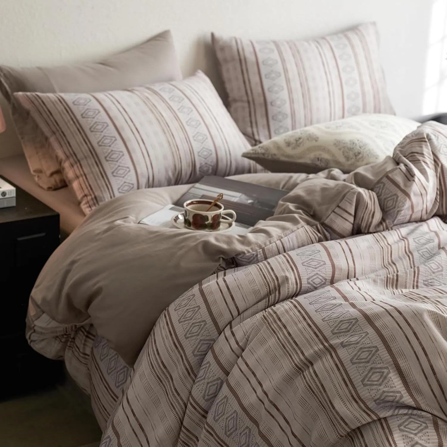 HighBuy Khaki Striped Duvet Cover Full Size Soft Muslin Cotton Gingham Comforter Cover Full Geometric Bohemian Bedding Set Hotel Quality for Men Boy,Full Size Duvet Cover with 2 Pillowcases