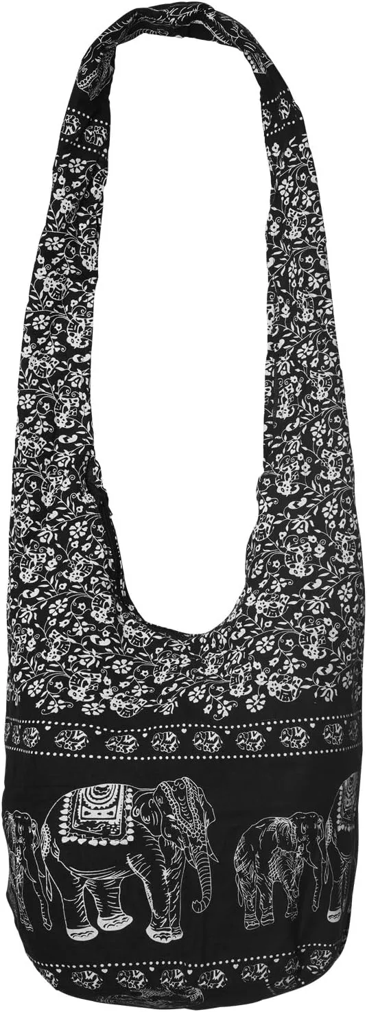 Hippie Elephant Crossbody Bag - Boho Cotton Shoulder Bag with Spacious Interior - Lightweight Bohemian Purse Adjustable