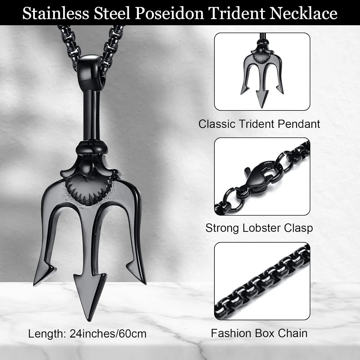 Hisatan Poseidon Trident Pendant Stainless Steel Ancient Greece Amulet Necklace for Men, Gift for Sailor