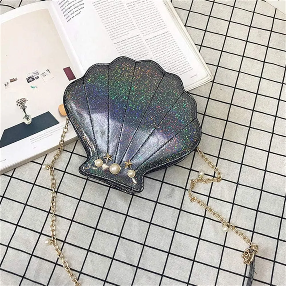 Hologram Laser Shell Shoulder Bags Pearl Cross-body Chain Purse Bags for Womens