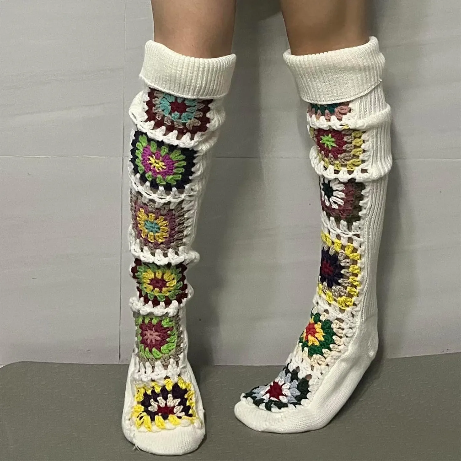 Honganda Women's Cable Knit Thigh Socks Ethnic Floral Crochet Knit Over Knee High Stockings Tube Leg Warmers Boot Socks