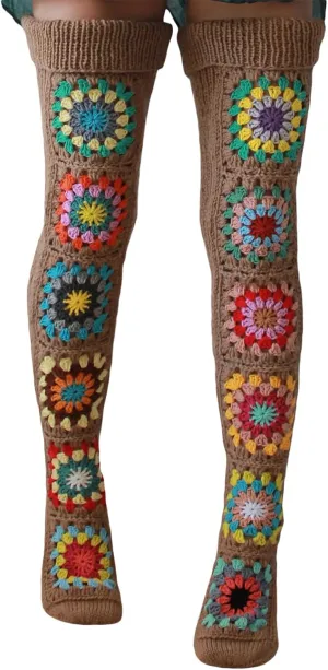 Honganda Women's Cable Knit Thigh Socks Ethnic Floral Crochet Knit Over Knee High Stockings Tube Leg Warmers Boot Socks