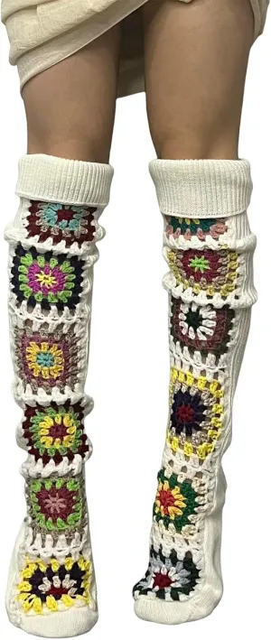 Honganda Women's Cable Knit Thigh Socks Ethnic Floral Crochet Knit Over Knee High Stockings Tube Leg Warmers Boot Socks