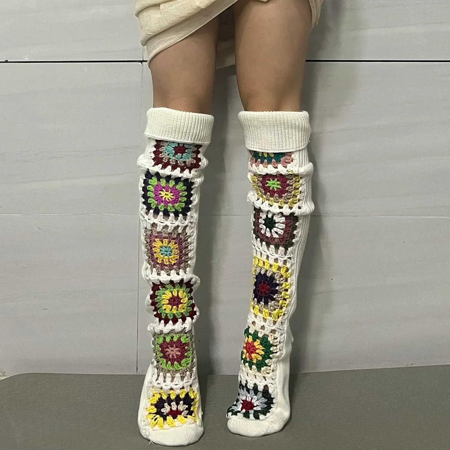 Honganda Women's Cable Knit Thigh Socks Ethnic Floral Crochet Knit Over Knee High Stockings Tube Leg Warmers Boot Socks