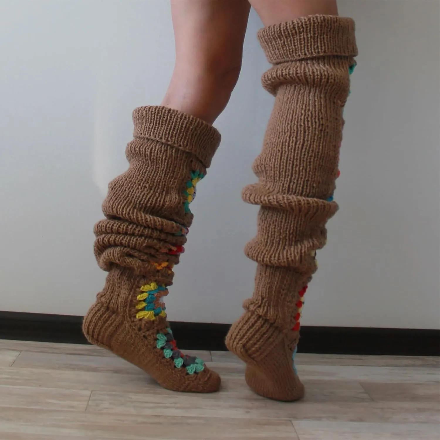 Honganda Women's Cable Knit Thigh Socks Ethnic Floral Crochet Knit Over Knee High Stockings Tube Leg Warmers Boot Socks