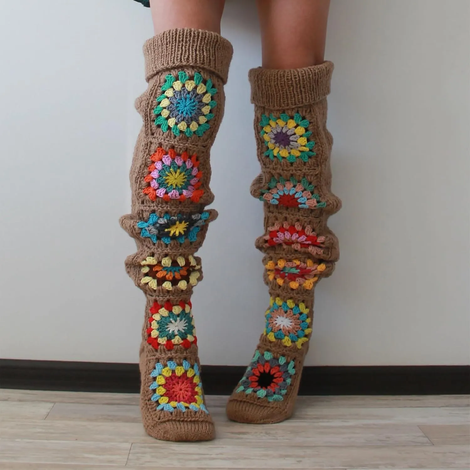 Honganda Women's Cable Knit Thigh Socks Ethnic Floral Crochet Knit Over Knee High Stockings Tube Leg Warmers Boot Socks