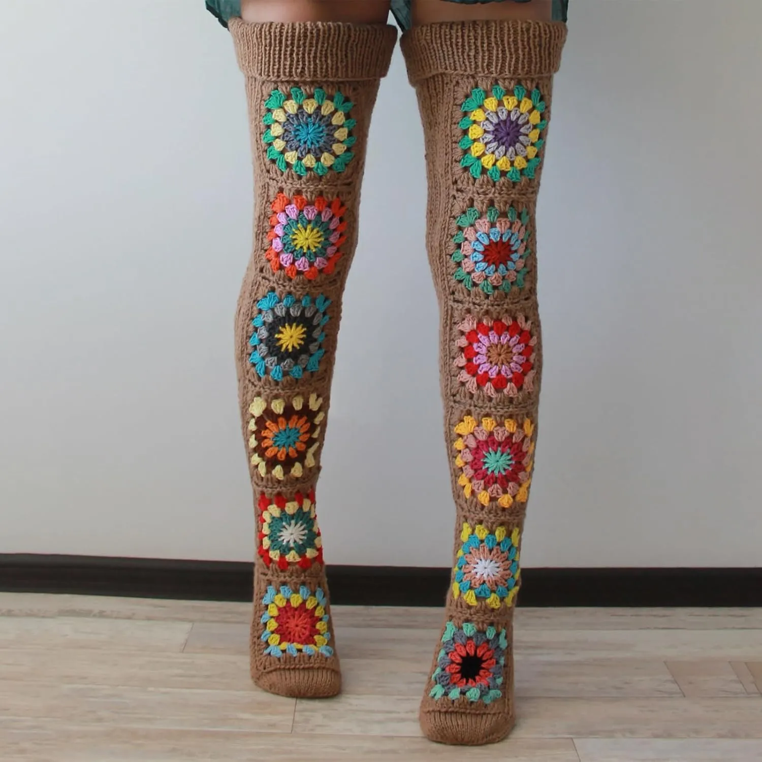 Honganda Women's Cable Knit Thigh Socks Ethnic Floral Crochet Knit Over Knee High Stockings Tube Leg Warmers Boot Socks