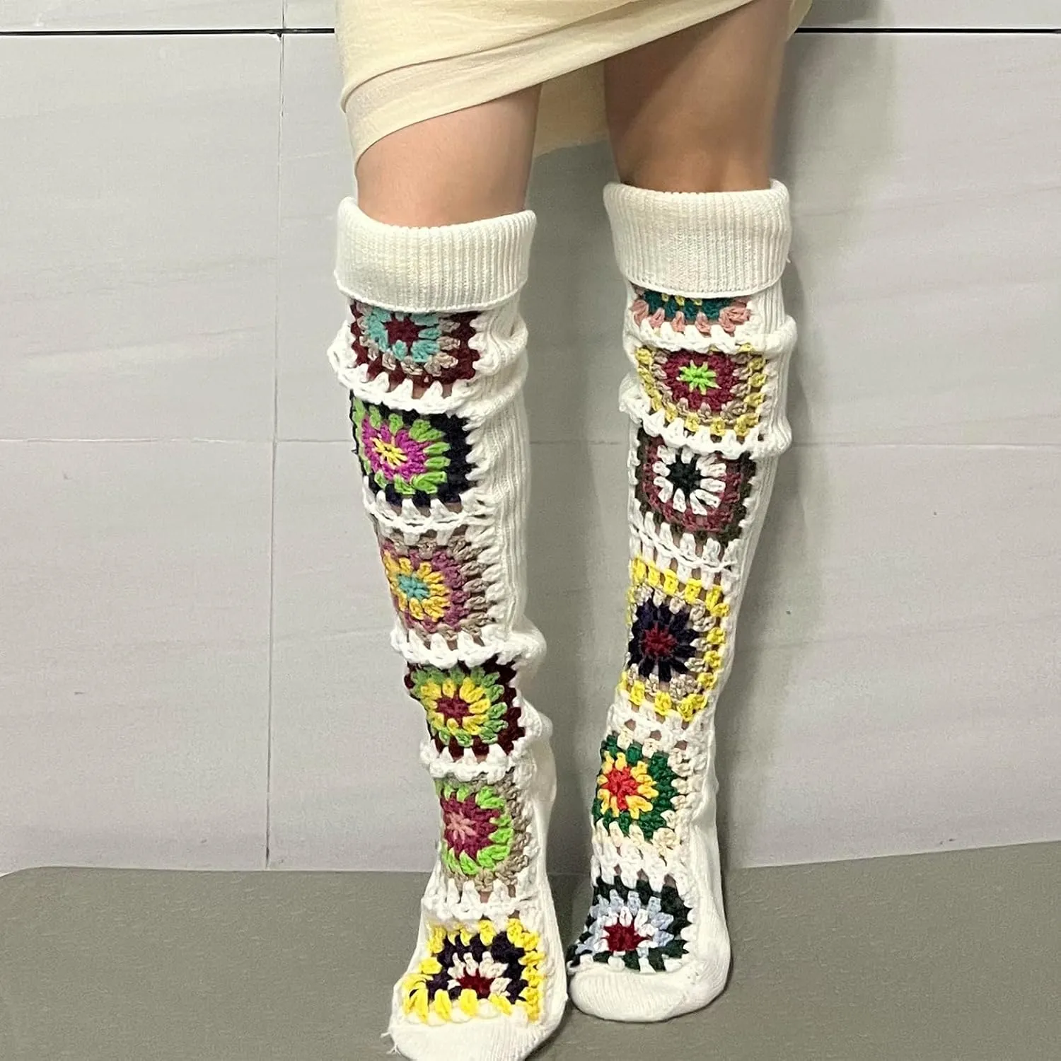 Honganda Women's Cable Knit Thigh Socks Ethnic Floral Crochet Knit Over Knee High Stockings Tube Leg Warmers Boot Socks