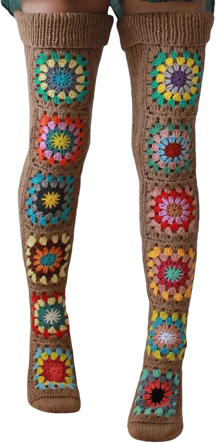 Honganda Women's Cable Knit Thigh Socks Ethnic Floral Crochet Knit Over Knee High Stockings Tube Leg Warmers Boot Socks