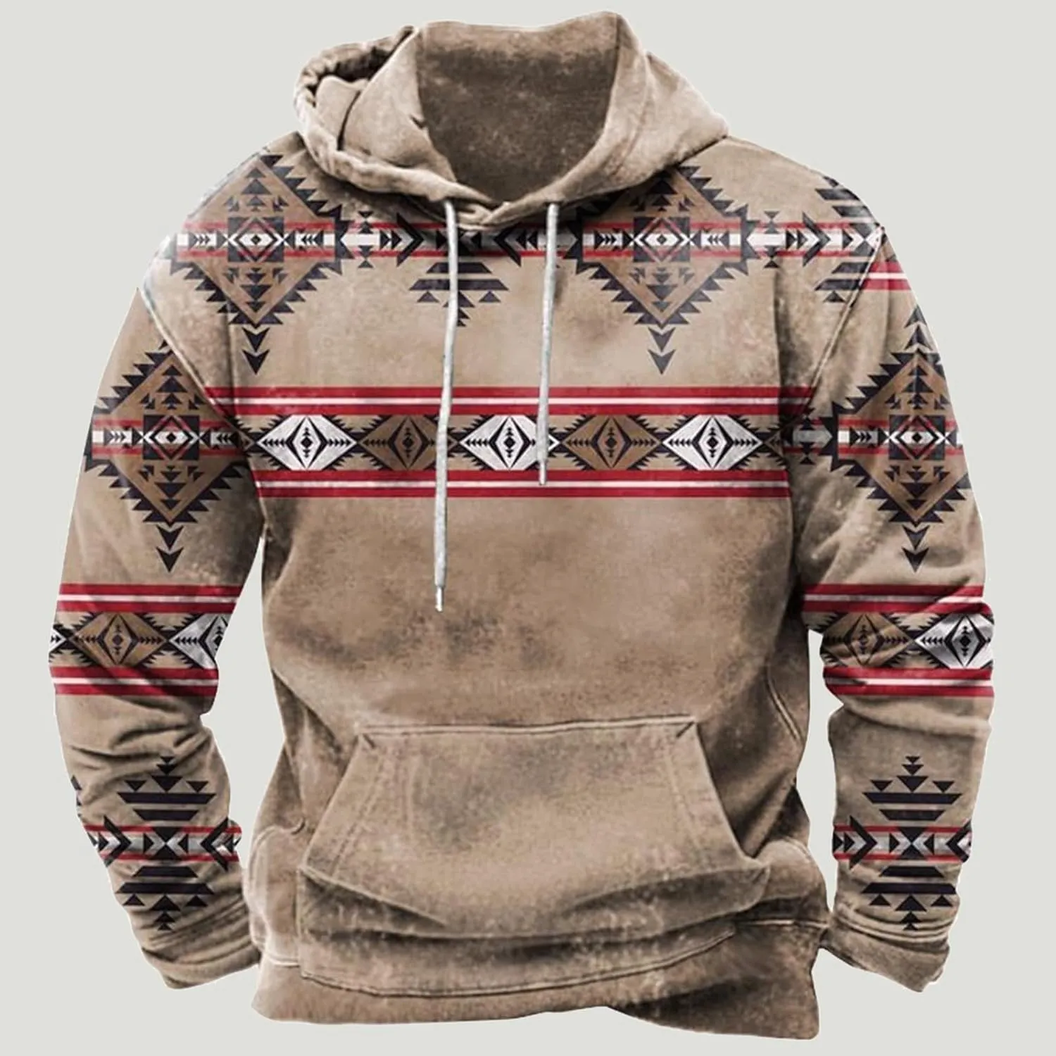 Hooded Sweatshirts for Men Casual Loose Ethnic Print Graphic Tee Shirts Western Aztec Ethnic Long Sleeve Pullover