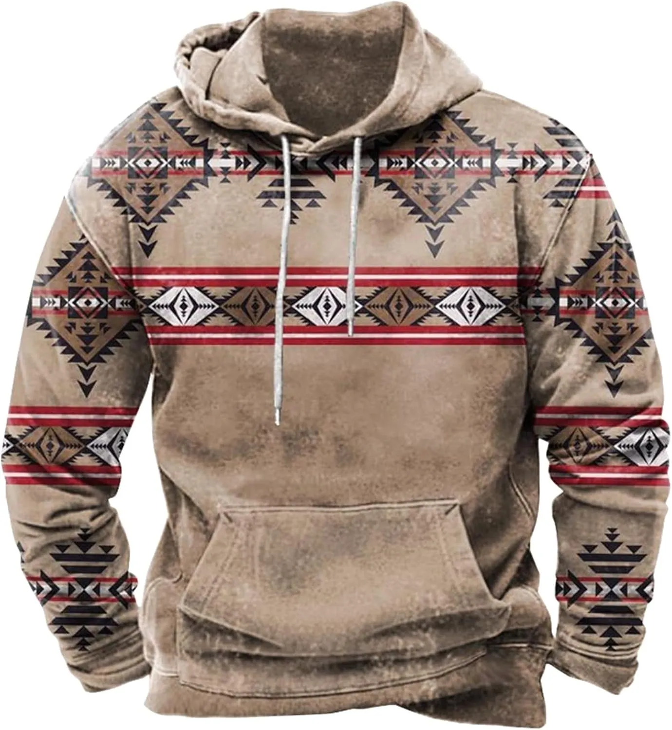Hooded Sweatshirts for Men Casual Loose Ethnic Print Graphic Tee Shirts Western Aztec Ethnic Long Sleeve Pullover