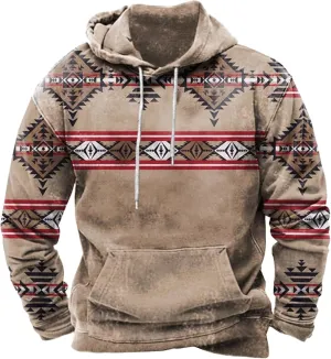 Hooded Sweatshirts for Men Casual Loose Ethnic Print Graphic Tee Shirts Western Aztec Ethnic Long Sleeve Pullover