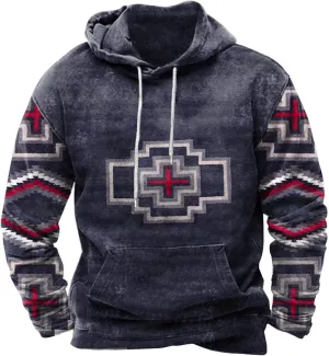 Hoodies Graphic for Men 2023 Drawstring Long Sleeve Western Aztec Ethnic Hooded Sweatshirts Ethnic Print Pullover