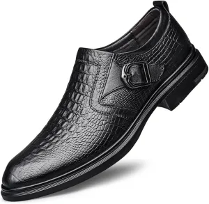 HOOENG Dress Oxford Shoes for Men Slip On Round Toe Monk Strap Crocodile Embossed Vegan Leather Low Top Non Slip Rubber Sole Working (Color : Crocodile Embossed, Size : 7.5)