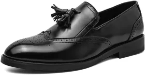 HOOENG Dress Shoes for Men Slip On Pointed Burnished Toe Crocodile Embossed Wingtips with Tassel Anti-Slip Rubber Sole Block Heel Non Slip Casual (Color : Black, Size : 12)