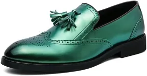 HOOENG Dress Shoes for Men Slip On Pointed Burnished Toe Crocodile Embossed Wingtips with Tassel Anti-Slip Rubber Sole Block Heel Non Slip Casual (Color : Green, Size : 11)