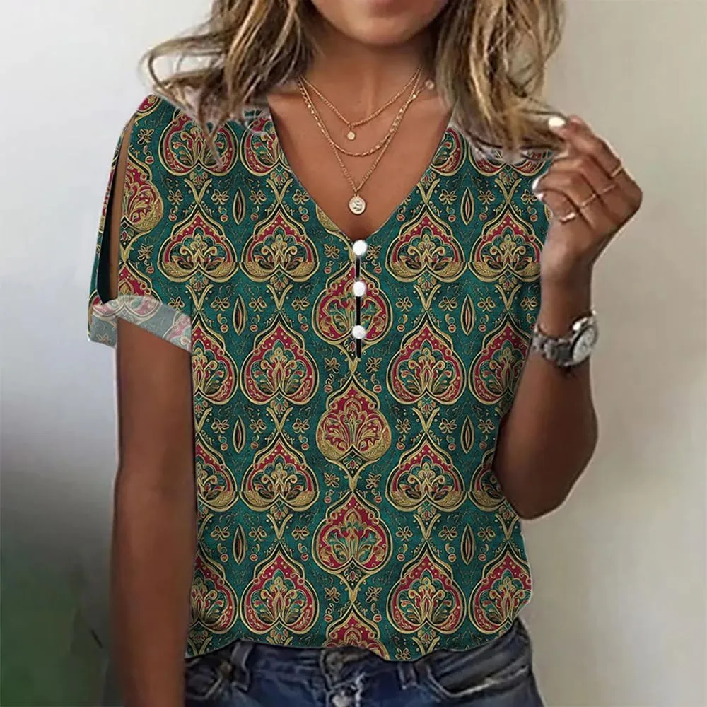HOTYD Cold Shoulder Boho Tops for Women Short Sleeve Button V Neck Graphic Tees Ladies Summer Tops and Blouses Dressy Casual