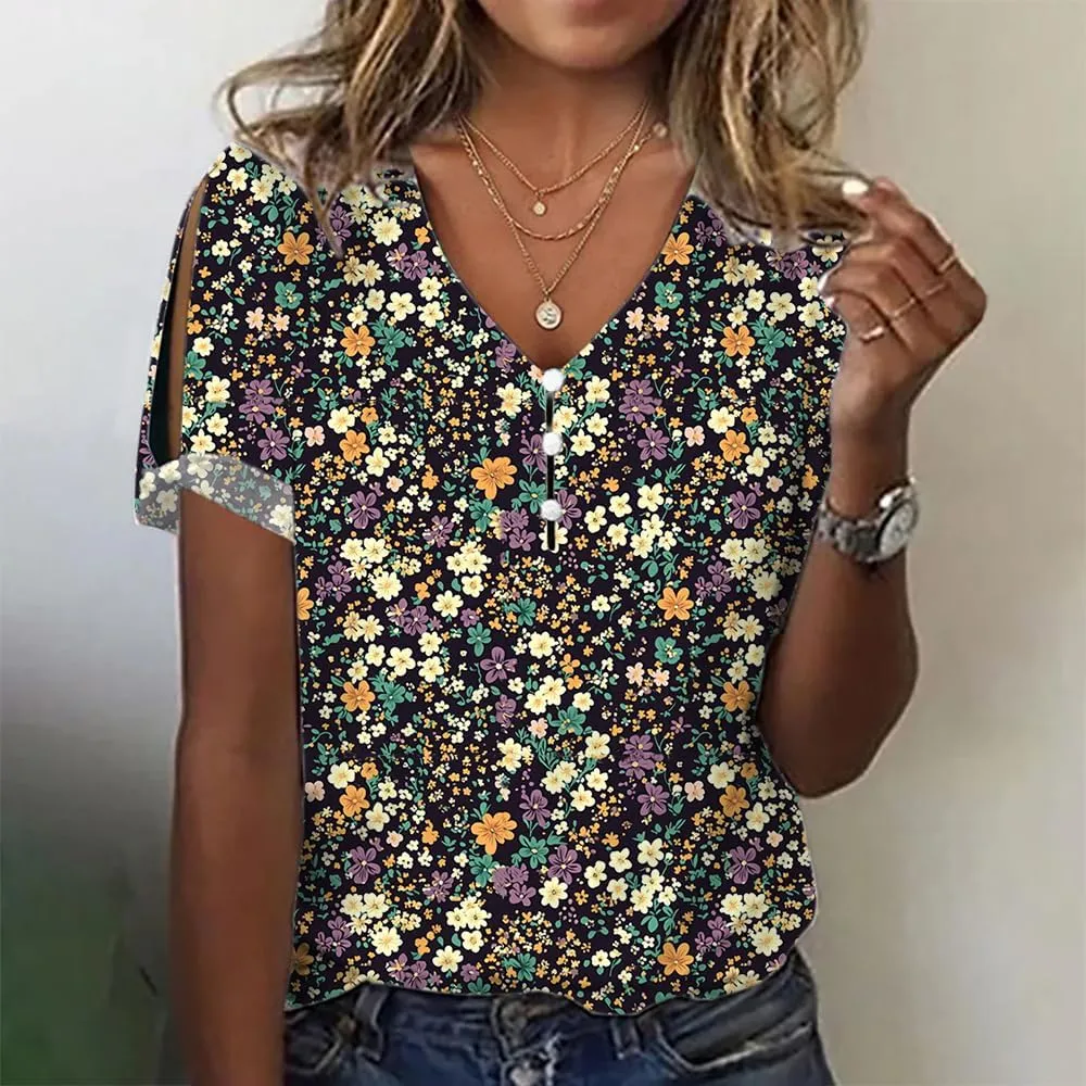 HOTYD Cold Shoulder Boho Tops for Women Short Sleeve Button V Neck Graphic Tees Ladies Summer Tops and Blouses Dressy Casual