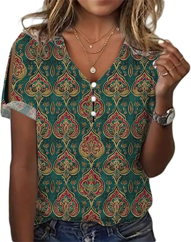 HOTYD Cold Shoulder Boho Tops for Women Short Sleeve Button V Neck Graphic Tees Ladies Summer Tops and Blouses Dressy Casual