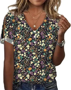 HOTYD Cold Shoulder Boho Tops for Women Short Sleeve Button V Neck Graphic Tees Ladies Summer Tops and Blouses Dressy Casual