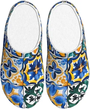 House Slippers for Woman Men Ethnic Mexican Tile Pattern Comfy Flannel Women's Slippers Non Slip Home Slippers Shoes