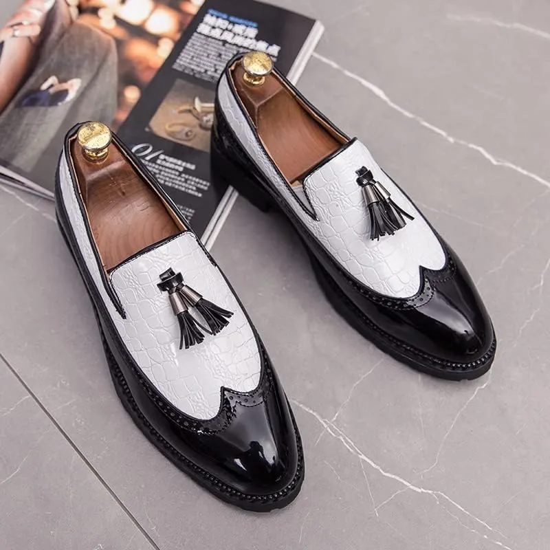 HuitJours Men Oxford Dress Shoes Multicolor Brogues Wing Tips Lace Up Patchwork Two Tone Color Matching Punched Round Toe