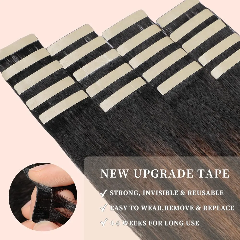 Human Hair Tape in Extensions, Balayage Natural Black Mixed Chestnut Brown Hair Extensions Real Human Hair 14 Inch 20pcs Remy Straight Tape in Hair Extensions Human Hair (1B/1B/6#,14 Inch)
