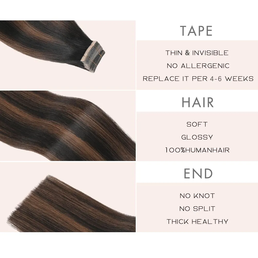 Human Hair Tape in Extensions, Balayage Natural Black Mixed Chestnut Brown Hair Extensions Real Human Hair 14 Inch 20pcs Remy Straight Tape in Hair Extensions Human Hair (1B/1B/6#,14 Inch)