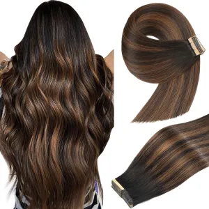Human Hair Tape in Extensions, Balayage Natural Black Mixed Chestnut Brown Hair Extensions Real Human Hair 14 Inch 20pcs Remy Straight Tape in Hair Extensions Human Hair (1B/1B/6#,14 Inch)