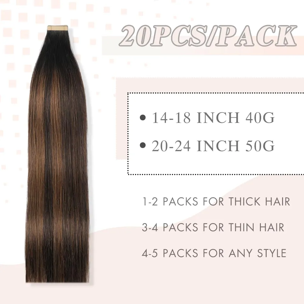 Human Hair Tape in Extensions, Balayage Natural Black Mixed Chestnut Brown Hair Extensions Real Human Hair 14 Inch 20pcs Remy Straight Tape in Hair Extensions Human Hair (1B/1B/6#,14 Inch)