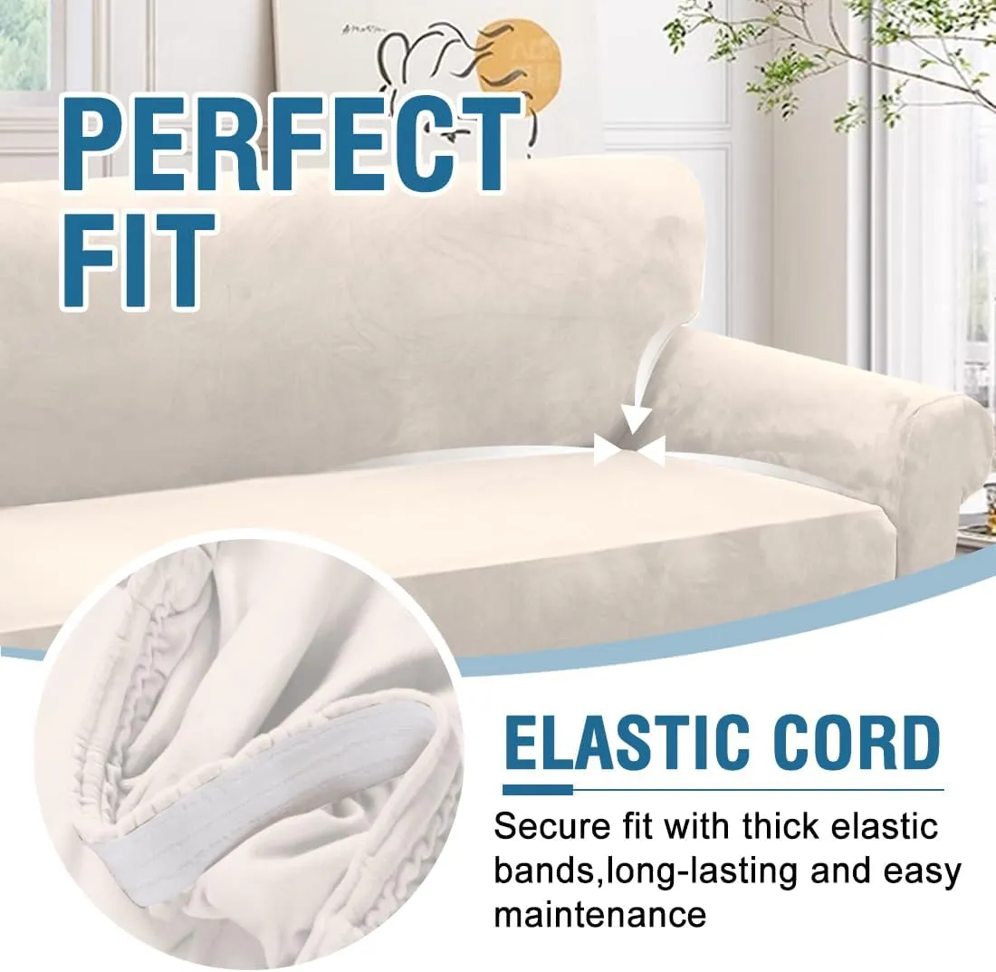 H.VERSAILTEX Stretch Velvet Couch Cover 2 Pieces Set Include 1 Piece Sofa Cover Couch Cover and 1 Piece Loveseat Cover Slipcover Crafted from Thick Comfy Rich Velour (Sofa   Loveseat,Ivory)