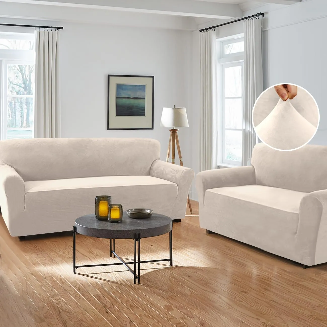 H.VERSAILTEX Stretch Velvet Couch Cover 2 Pieces Set Include 1 Piece Sofa Cover Couch Cover and 1 Piece Loveseat Cover Slipcover Crafted from Thick Comfy Rich Velour (Sofa   Loveseat,Ivory)